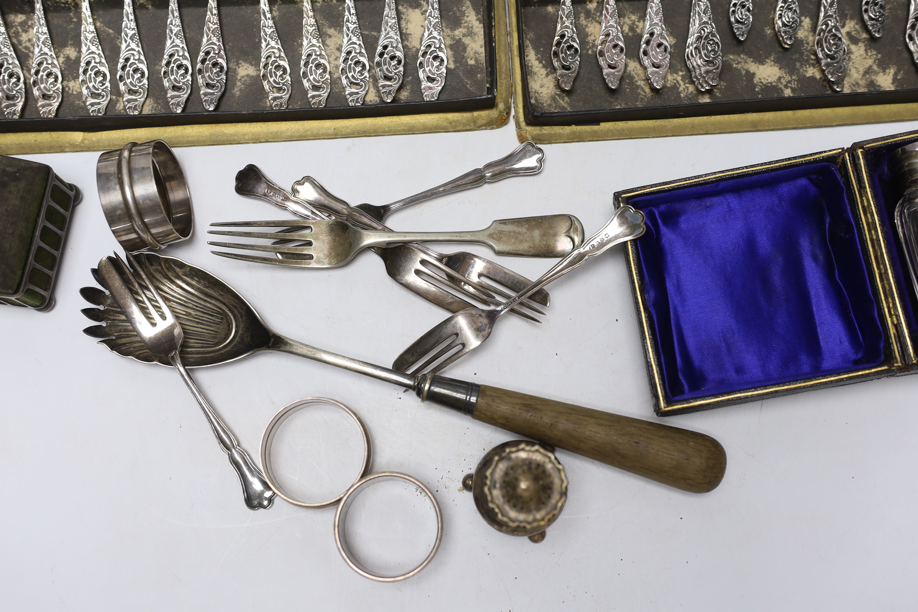 Assorted plated cutlery etc , including a cased travelling miniature Eucharist